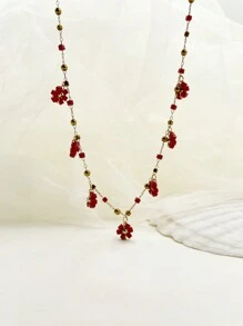 Mazuer 1pc Vintage Gold-Tone Summer Beach Sea Versatile Simple Elegant Design Glass Beads & Seed Pearls Floral Necklace, Suitable For Dates, Teachers' Day, Graduation, Thanksgiving Gifts, Festivals, Parties, Daily Commute, Vacation