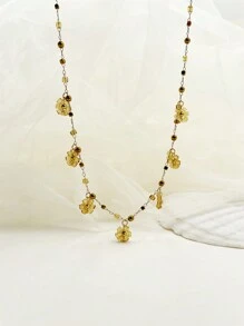 Mazuer 1pc Vintage Gold-Tone Summer Beach Sea Versatile Simple Elegant Design Glass Beads & Seed Pearls Floral Necklace, Suitable For Dates, Teachers' Day, Graduation, Thanksgiving Gifts, Festivals, Parties, Daily Commute, Vacation