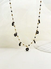 Mazuer 1pc Vintage Gold-Tone Summer Beach Sea Versatile Simple Elegant Design Glass Beads & Seed Pearls Floral Necklace, Suitable For Dates, Teachers' Day, Graduation, Thanksgiving Gifts, Festivals, Parties, Daily Commute, Vacation