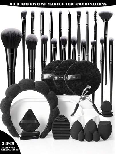 38/21/10/7/4件套化妆刷套装包含：20支化妆刷、1支散粉刷、1支腮红刷、1支高光刷、1支眼影刷、1支眼线刷、1支轮廓刷、3个美妆蛋、3个迷你美妆蛋、3个三角粉扑、1个化妆头带、1个刷子清洁蛋、1个睫毛夹、3片卸妆棉。