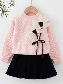Young Girls Elegant 3D Floral Decor Sweater & Pleated Skirt Set, Autumn/Winter - Baby Pink - View 1