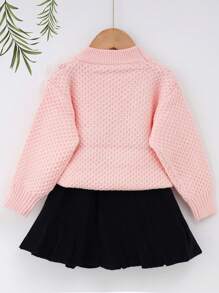 Young Girls Elegant 3D Floral Decor Sweater & Pleated Skirt Set, Autumn/Winter - Baby Pink - View 2