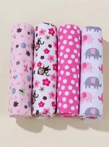 4 Pieces Of Baby Swaddle Blanket Printed With Elephant And Monkey Pattern, Made Of Flannel For Extra Softness - Pink - View 5
