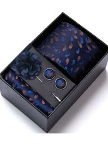 AlanKing 1 set de corbata, pañuelo de bolsillo, gemelos y broche con diseño de flor dorado para hombre, para fiestas/festivales