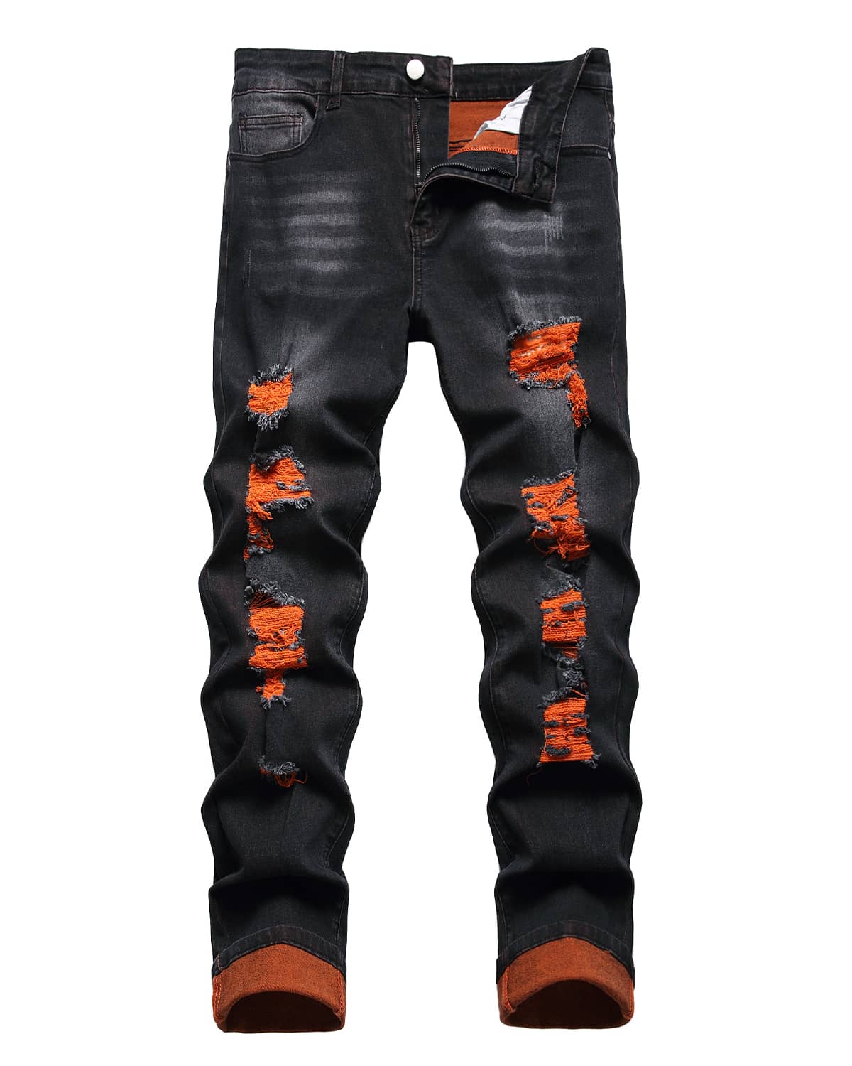 MICKASON Men's Orange Ripped Stretch Skinny Black Bottom Fabric Peplum Jeans Men - Stretchy, Comfortable And Stylish - Perfect For Everyday Casual Wear - 黑色 - 查看 1