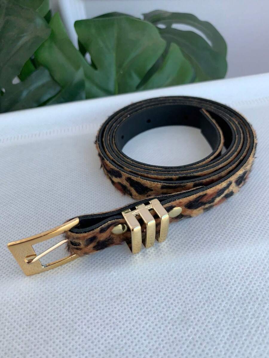 Women's Thin Belt With Square Buckle And Triple Gold Loop Ana