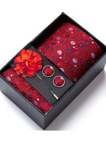 AlanKing 1 set de corbata, pañuelo de bolsillo, gemelos y broche con diseño de flor dorado para hombre, para fiestas/festivales