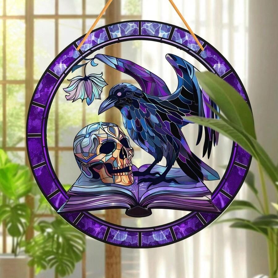 1pc Colorful Painted Glass Crow Suncatcher - 5.9"X5.9" Acrylic Window Hanging, Suitable For Halloween And Gothic Decor, Unique Bird Lover Gift - Multicolor - View 1