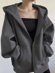 Women's Casual Flannel Sweatshirt With Zipper Closure - Dark Grey - View 1