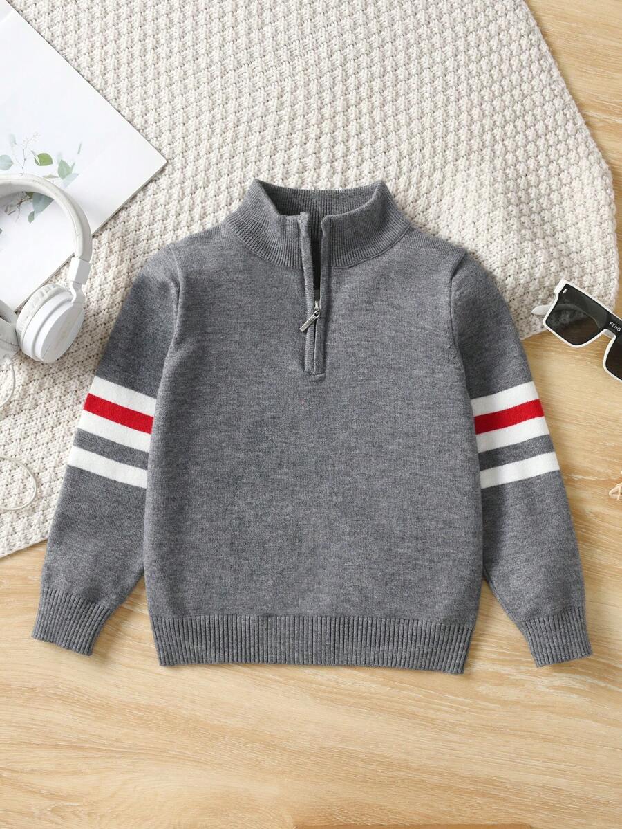 Young Boy School Style Color Block Striped Half Zip Stand Collar Sweater, Suitable For Spring, Autumn And Winter - Grey - View 1