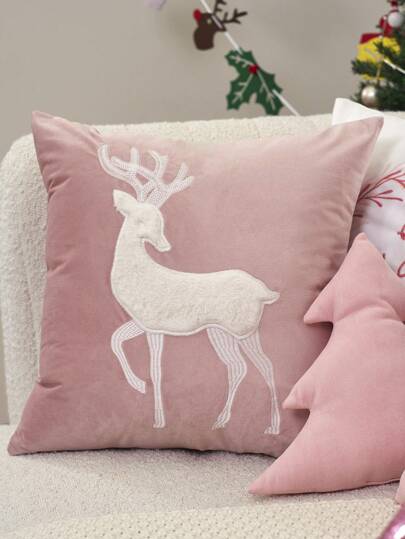 غطاء وسادة مطرز بنمط الأيل وزهور اللوز الوردية، من الأحبال الناعمة، ديكور عيد الميلاد للغرفة والمعيشة والأريكة والحديقة، مقاس 45*45 سم (بدون حشو)