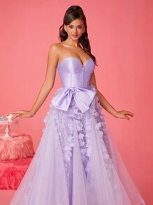 Smilprince Vestido de tul con corsé sin tirantes de color lila soñador con aplicaciones florales 3D y lazo en la cintura, vestido formal de longitud té, vestidos de fiesta para mujeres, vestido de dama de honor, vestido de noche, vestido de invitada de boda estilo princesa para fiestas