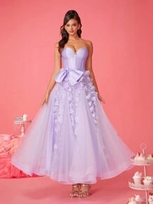 Smilprince Vestido de tul con corsé sin tirantes de color lila soñador con aplicaciones florales 3D y lazo en la cintura, vestido formal de longitud té, vestidos de fiesta para mujeres, vestido de dama de honor, vestido de noche, vestido de invitada de boda estilo princesa para fiestas
