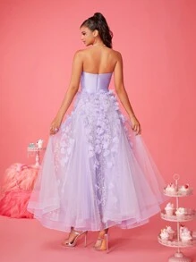 Smilprince Vestido de tul con corsé sin tirantes de color lila soñador con aplicaciones florales 3D y lazo en la cintura, vestido formal de longitud té, vestidos de fiesta para mujeres, vestido de dama de honor, vestido de noche, vestido de invitada de boda estilo princesa para fiestas