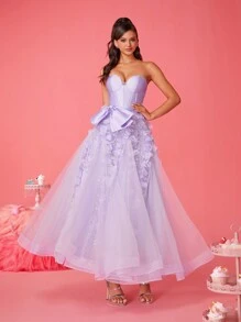 Smilprince Vestido de tul con corsé sin tirantes de color lila soñador con aplicaciones florales 3D y lazo en la cintura, vestido formal de longitud té, vestidos de fiesta para mujeres, vestido de dama de honor, vestido de noche, vestido de invitada de boda estilo princesa para fiestas