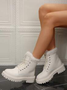 Giày bốt cổ cao ngoài trời ấm áp mùa đông có lót lông mịn màu trơn cho nữ, giày bốt đi tuyết ngoài trời giữ nhiệt - Màu be - Xem 5