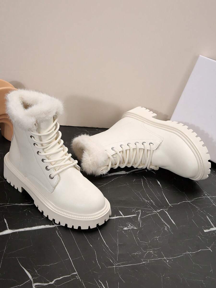 Giày bốt cổ cao ngoài trời ấm áp mùa đông có lót lông mịn màu trơn cho nữ, giày bốt đi tuyết ngoài trời giữ nhiệt - Màu be - Xem 1