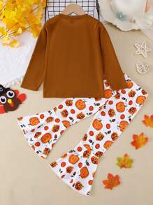 2pcs Set Young Girl Casual "HAPPY THANKSGIVING" Letter, Turkey & Pumpkin Pattern Soft Knit Long Sleeve Top And Flare Pants Outfit, Fall/Winter - Brown - View 7