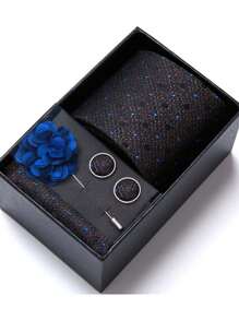 AlanKing 1 set de corbata, pañuelo de bolsillo, gemelos y broche con diseño de flor dorado para hombre, para fiestas/festivales