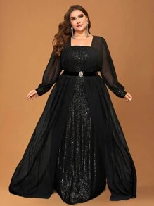 YISIKADO 加大方领灯笼袖系带亮片礼服黑色优雅长袖舞会晚会婚礼宾客礼服，适合毕业典礼、晚宴 - 黑色 - 查看 1