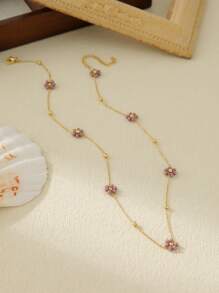 1pc Stainless Steel 18K Plated Multi-Color Flower Necklace, Suitable For Work, Party, Date, Summer Beach Jewelry Valentines - Yellow Gold - View 15