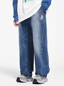DKRD Teen Boys Vintage Washed Letter Embroidered Straight-Leg Loose Casual Wide-Leg Jeans, Suitable For Spring And Autumn - Medium Wash - View 1