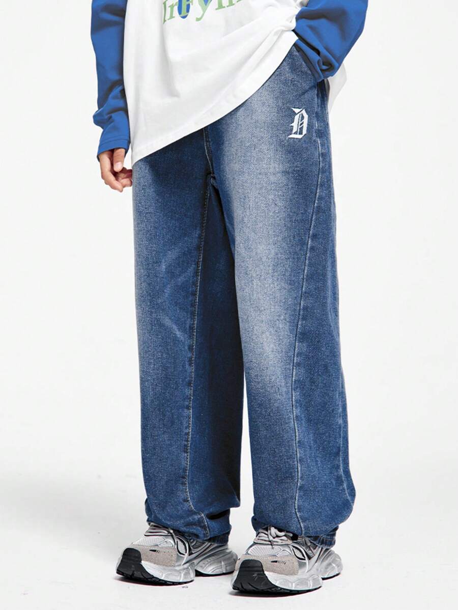 DKRD Teen Boys Vintage Washed Letter Embroidered Straight-Leg Loose Casual Wide-Leg Jeans, Suitable For Spring And Autumn - Medium Wash - View 1