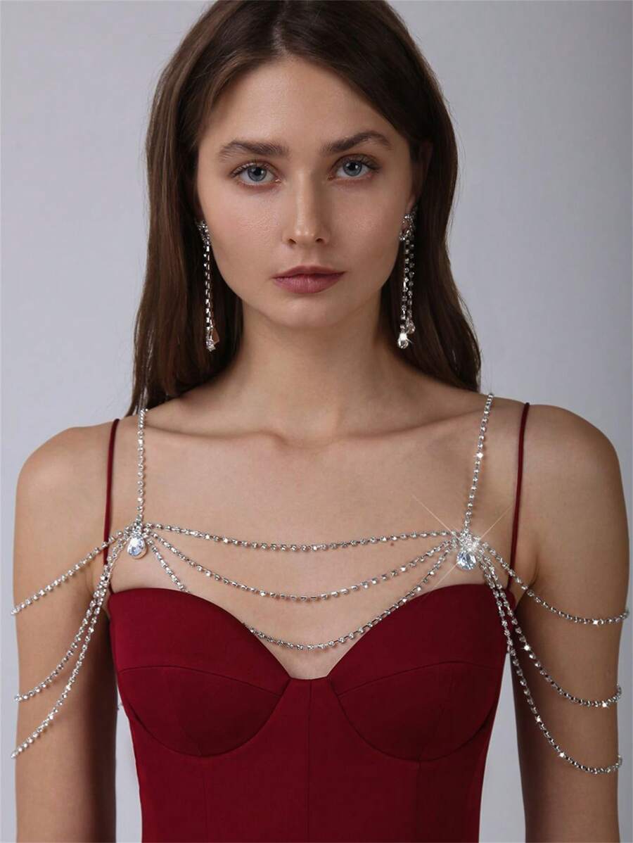 1 chiếc dây chuyền đeo vai đính đá Rhinestone thanh lịch, Phụ kiện váy cưới cô dâu, Trang sức thời trang cho phụ nữ - Bạc - Xem 1