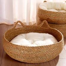 Cama para gatos natural, ninho de grama, casinha para animais de estimação, feita à mão em vime com tapete macio, cama resistente para gatos adequada para todas as estações, removível e lavável - Amarelo - Ver 9