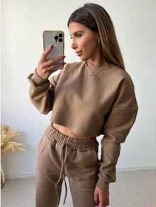 Women's Set: Palazzo Pants + Long Sleeve Crop Top In Fleece | Trend, Elegance And Modernity - 鏽棕色 - 查看 2
