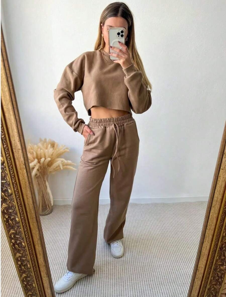 Women's Set: Palazzo Pants + Long Sleeve Crop Top In Fleece | Trend, Elegance And Modernity - 鏽棕色 - 查看 1