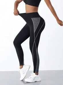 1pc 7/8 Length Patchwork Sports Leggings Suitable For Yoga, Fitness, Outdoor Activities - 黑色 - 查看 2