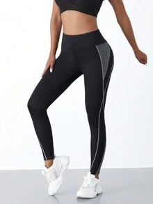 1pc 7/8 Length Patchwork Sports Leggings Suitable For Yoga, Fitness, Outdoor Activities - 黑色 - 查看 3
