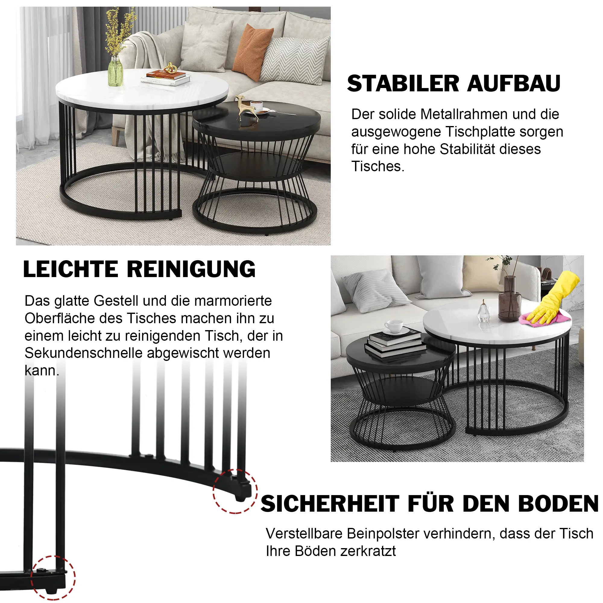 Modern Nesting Coffee Table With Wooden Top And Metal Base, Round Side Table For Living Room, Flat - Black and White - View 6