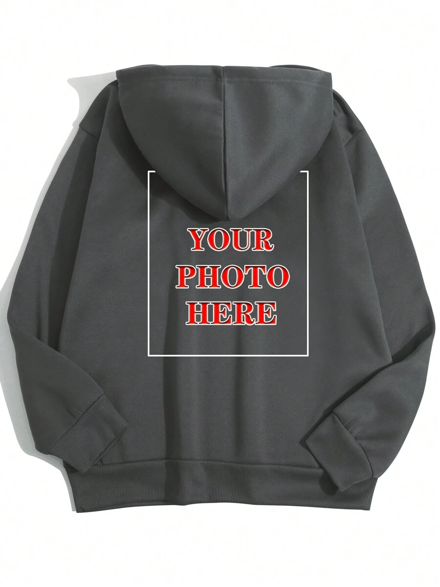 Personalized Photo Customized Women's Hoodie, Upload Your Friends/Family/Couple/Pet Photos, Birthday/Anniversary/Valentine's Day Custom Photos, Autumn Personalized Pattern Printed On The Back Of Women's Pullover Hoodie Sweatshirt, Autumn/Winter Thermal Lined Dark Gray Women's Hoodie, Halloween/Christmas/Custom Pattern, Autumn Clothes, Autumn Tops, Women's Autumn/Winter Tops, Winter Clothing, Party Gift, Gift For Her, Birthday Gift - Dark Grey - View 1