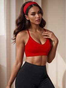 1 Pieza Sujetador Deportivo Inalámbrico de Punto Acanalado Sexy y Sin Espalda para Mujer