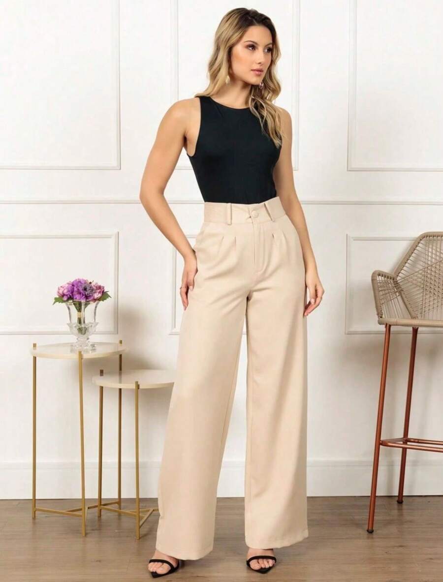 Women's Tailored Wide Leg Pants With Belt - 米色 - 查看 1