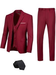 Furuyal Men's 3 PiecesSuit, Gentleman's Minimalist Slim Fit Single-Breasted Business Suit Set (Jacket, Vest, Pants), Suitable For Weddings, Parties, Holidays, Travel, Lightweight Burgundy, Size XS-3XL - Burgundy - View 2
