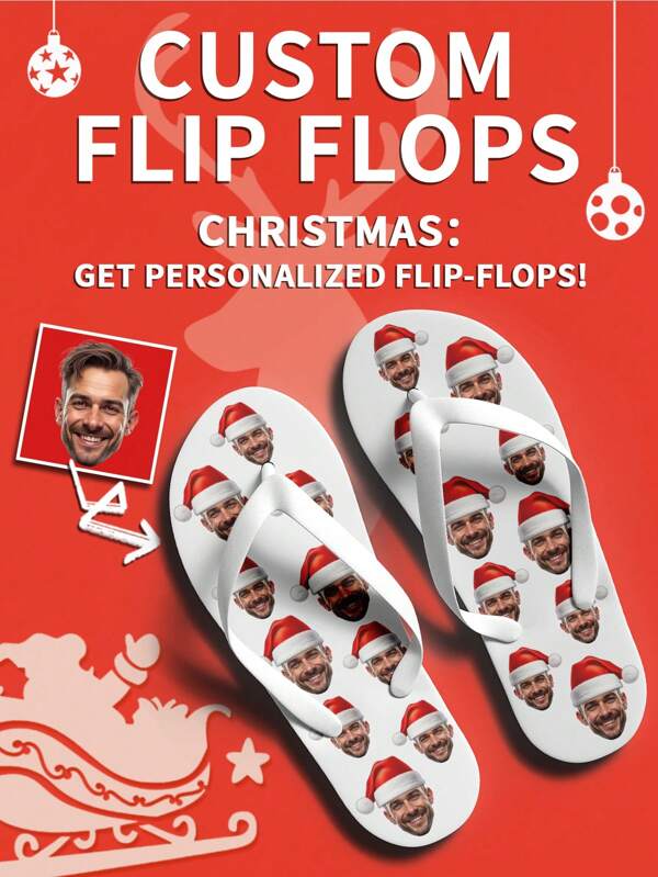 Personalisierte Flip-Flops für Weihnachten, 3D-Muster mit Foto, niedliches Design, bequem für Innen-/Außen-/Strandnutzung, tolles Weihnachtsgeschenk für Mutter, Vater, Verlobte, Familie, Kinder, Freunde, Geschwister