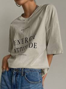 Women's Short Sleeve, Loose Fit T-Shirt With ENERGY ATTITUDE Letter Print And Round Neck For Summer, With The Words "Keep Smiling See The Good Time For Happiness" - 杏色 - 查看 5