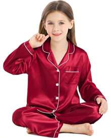 Girls' American Satin Pajamas, Long Sleeve And Pants, Pocket And Buttons, Teenager - Đỏ - Xem 3