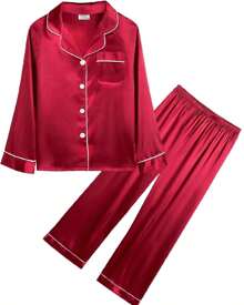 Girls' American Satin Pajamas, Long Sleeve And Pants, Pocket And Buttons, Teenager - Đỏ - Xem 4