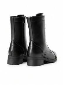 Women's Almond Round Toe Mid-Calf Boots Lace-Up Side Zipper Classic Combat Cycling Winter Military Boots  Riding Winter Festival Christmas Black Boots - ĐEN/PU - Xem 10