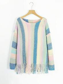 Acelitt Fashionable Plaid Color Block Long Sleeve Loose Oversized Pullover Sweater,Long Sleeve Tops - Multicolor - View 6