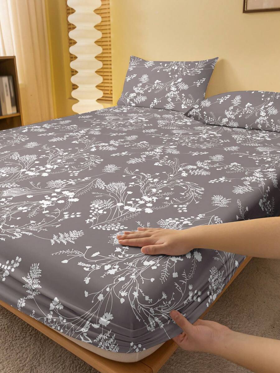 1pc Minimalist Modern Floral Branch Plant Print Washed Fitted Sheet, Bedroom Printed Bed Cover, Home Textiles (Excluding Pillowcase) - Multicolor - View 1