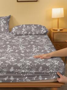 1pc Minimalist Modern Floral Branch Plant Print Washed Fitted Sheet, Bedroom Printed Bed Cover, Home Textiles (Excluding Pillowcase) - Multicolor - View 4