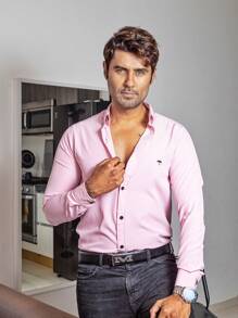 Camisa Hombre Casual Rosa Claro Lisa - Rosa - Ver 2