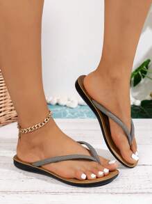 女士复古人字拖新款街头休闲时尚人字拖凉鞋圆头平底舒适露趾鞋 - 淺灰色 - 查看 4