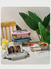 1pc Plastic Bento Lunch Box With Divider, Microwave Safe Portion Meal Prep Container, Mobile Phone Holder Christmas Gift,School Supplies - Multicolor - View 3