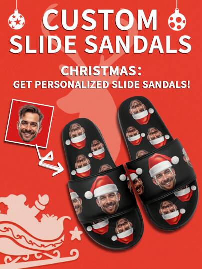 1 par de sandalias deslizantes personalizadas de Navidad, sandalias deslizantes con foto personalizada de Santa, sandalias deslizantes con suela gruesa y gorro de Navidad personalizado, sandalias deslizantes personalizadas, sandalias deslizantes con foto, sandalias deslizantes personalizadas para hombre, sandalias deslizantes personalizadas, regalo de Navidad para mamá/papá/ella/él/novia/novio/esposa/esposo/amigo